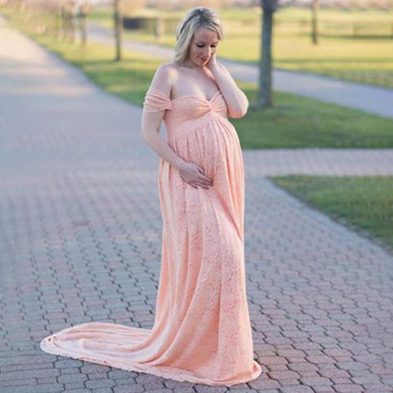 

Casual Dresses Pregnant Wedding Dress Off Shoulder Chest Wrap Gown Flying Sleeve Large Hem Maxi Pography Lace Trailing, Black