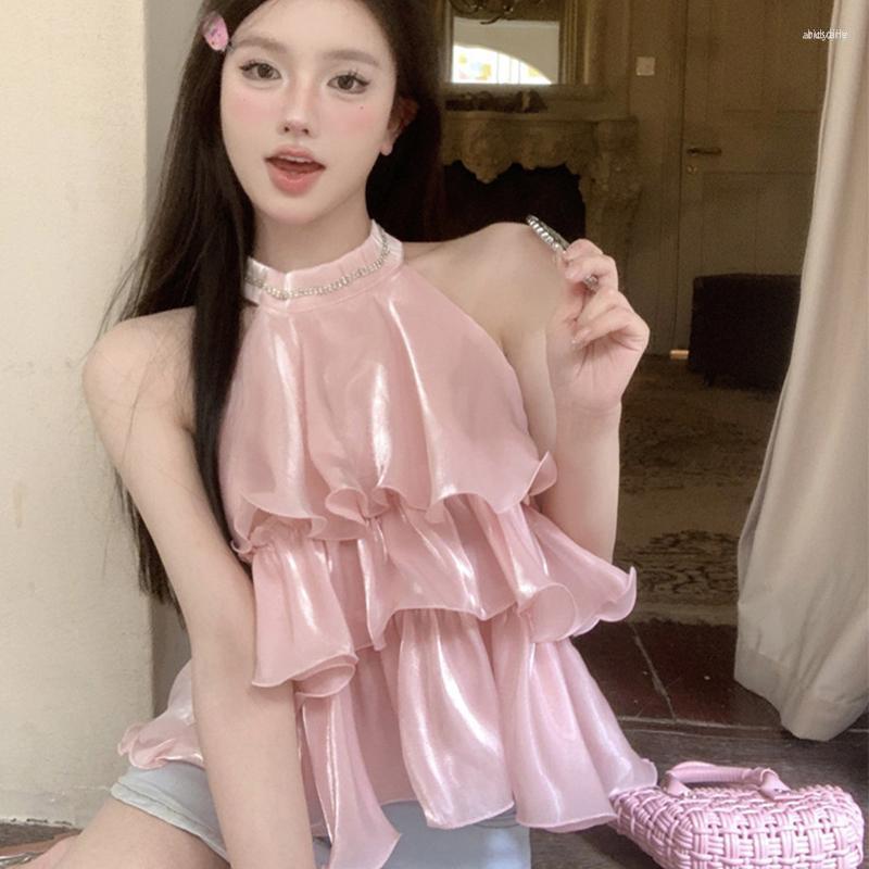 

Women's Tanks Women's Y2K Girl Diamonds Halter Slim Camis Women Sweet Ruffles Sleeveless Camisole 2023 Summer Korean Fashion Clothing, Beige