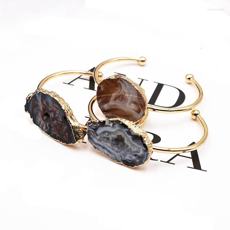 

Bangle Brazil Druzy Cuff Style Irregular Agates With Hole Wire Goldtone Sparkly Created Geode Stone Natural Crystal Raym22