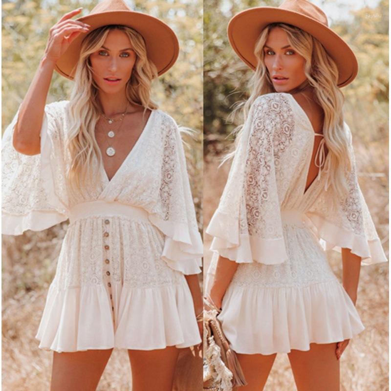 

Casual Dresses Dress Women' V-neck Lace Splice Flare Sleeve Solid Maxi For Women White Vestidos De Mujer