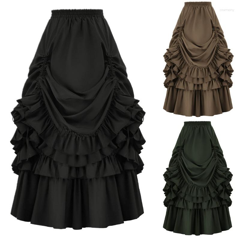 

Skirts Women's Victorian Gothic Steampunk Skirt High-Low Bustle Ruffled Pleated Vintage Renaissance Costume Dance Party, Black