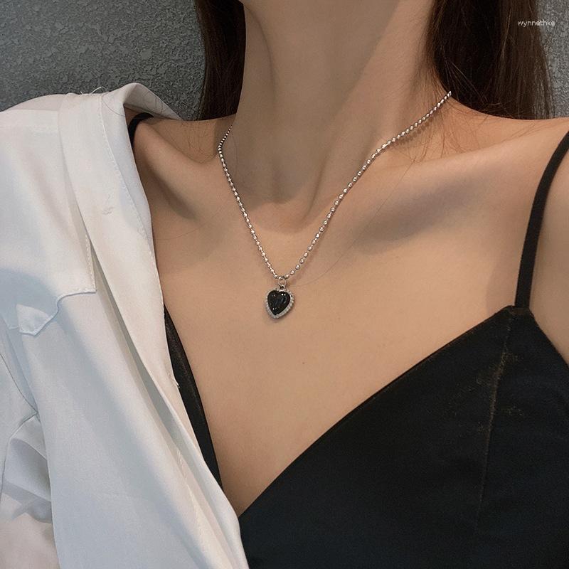 

Pendant Necklaces Origin Summer Sweet Black Love Heart Necklace For Women Girls Exquisite Stainless Steel Round Beads Jewelry