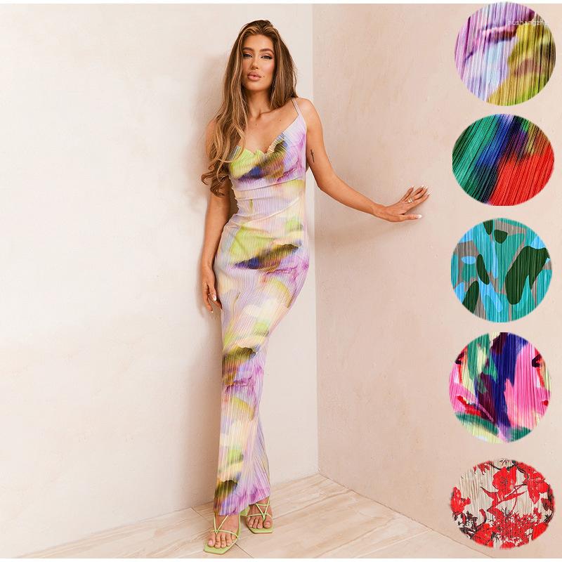 

Casual Dresses For Women 2023 Summer Eleagnt Tie-dyed Printed Pleated Maxi Camisole Sling Printting Backless Dress Lady Outwear Vestido, As picture show