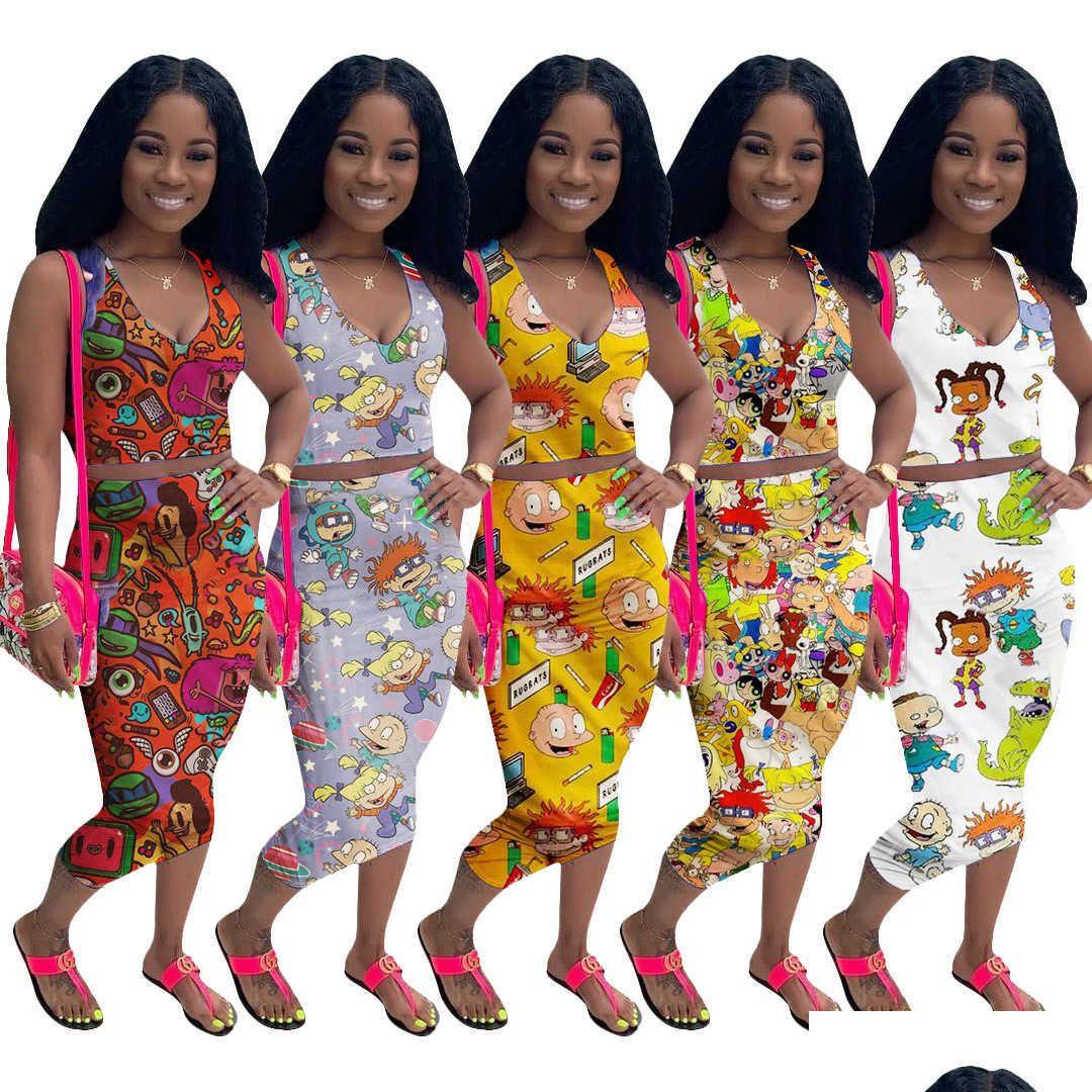 

Two Piece Dress Womens Casual Fashion Cartoon Printed Vneck Ladies Dresses Twopiece Set Drop Delivery Apparel Clothing Sets Dhv1A, Color