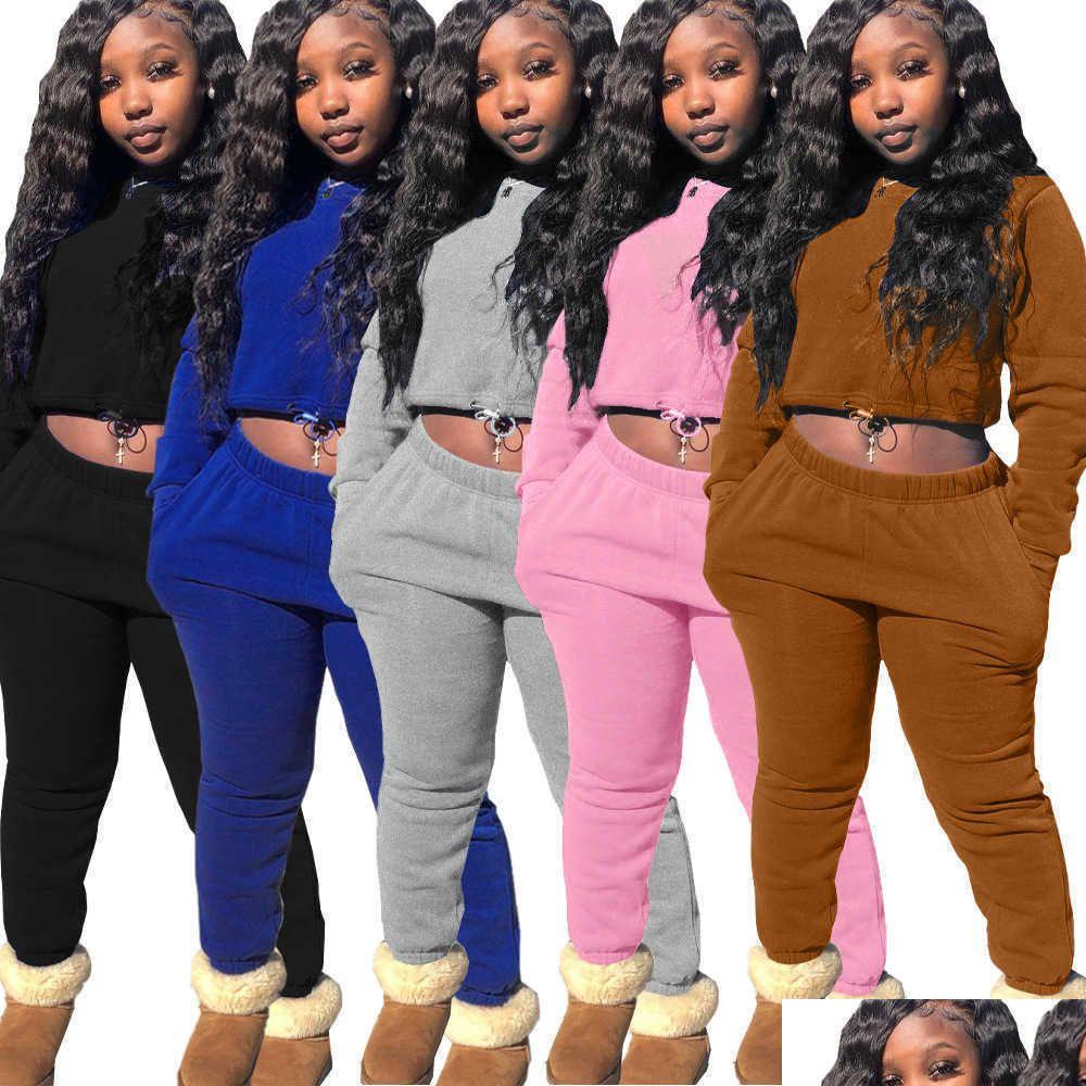 

Women'S Tracksuits Designers Women Sports Clothes 2021 Sweater Cotton Solid Color Open Waist Fashion Leisure Suit Two Piece Set Drop Dha5I, Black