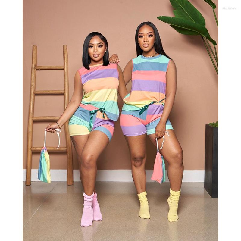 

Women' Tracksuits Europe And America Women' Foreign Trade Sleeveless Strap Rainbow Stripe Two Piece Set, Pink