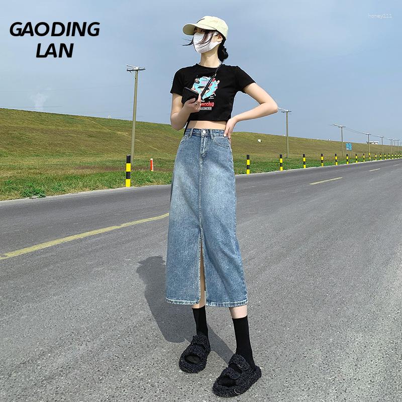 

Skirts Gaodinglan Summer Large Size A Line Fat Women Blue Denim Mid Calf Long Temperament High Waist Slit Sexy Skirt Ladies