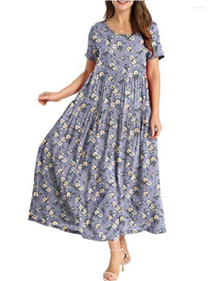 

Casual Dresses Women Summer Long Boho Elegant Fashion Dress Short Sleeve O Neck Beach Party Flowy Print Hem Outfit, Black