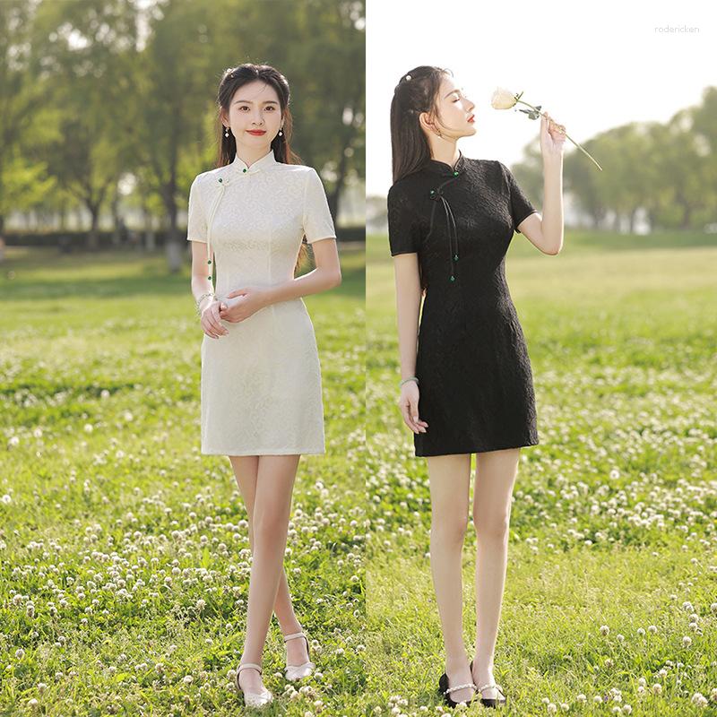 

Ethnic Clothing Chinese Summer Mandarin Collar Chiffon Young Girl Mini Cheongsam Elegant Retro Short Sleeve Qipao Daily Dress