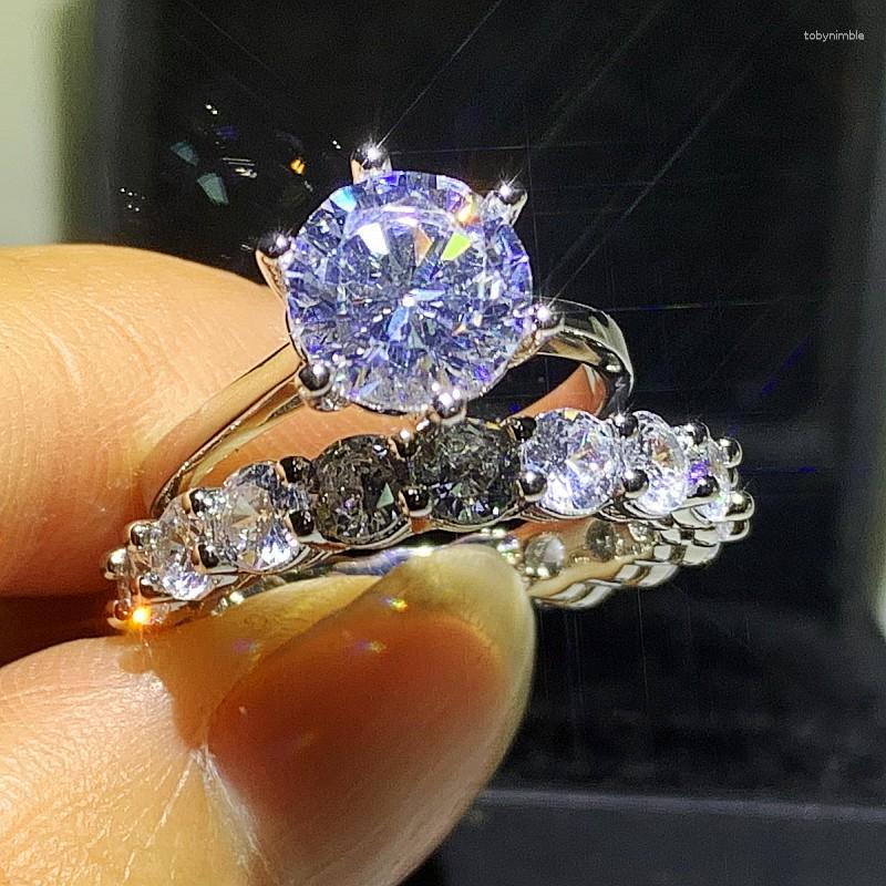 

Cluster Rings Size 5-10 Large Diamond Couple Luxury Jewelry Real 925 Sterling Silver Round Cut White Topaz CZ Women Bridal Ring