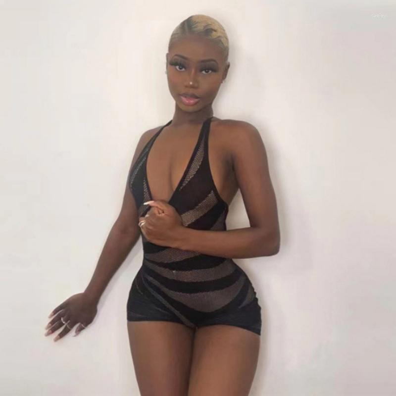

Casual Dresses Halter Striped Print Rompers Women Bandage Sleeveless Backless Playsuits Skinny Street Overalls Female Attirewear, Black