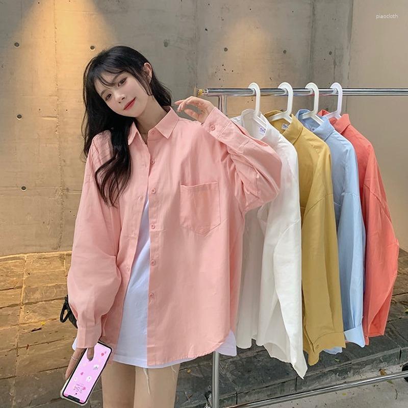 

Women' Blouses Korean Style Sweet Loose Long Sleeve Chiffon Blouse Solid Summer Urban Casual Lapel Girly Versatile Tops 2023 Girls Fashion, White