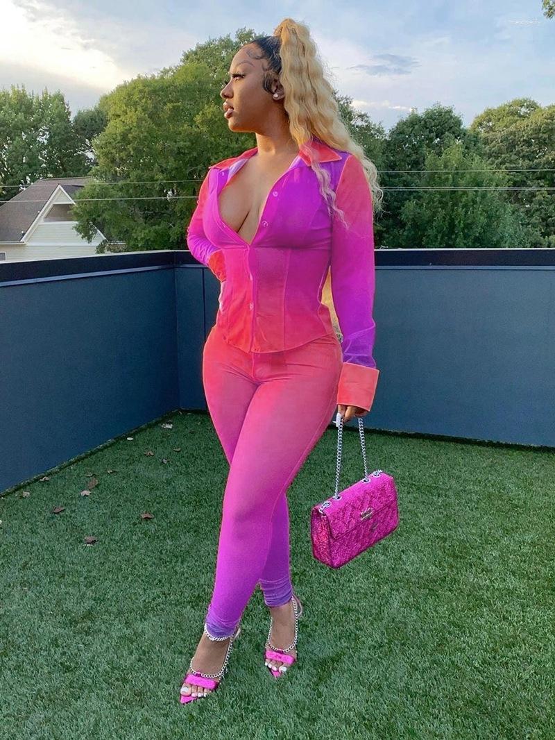 

Women' Two Piece Pants Autumn Set Women' Fashion Gradient Printed Shirt Leggings Suit Casual Two-piece