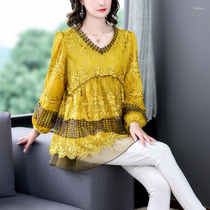 

Women's T Shirts ZUO MAN RU 2023 Spring And Summer Yellow Flower Embroidery Loose Shirt O-Neck T-shirt Long Sleeve Slim Chiffon, As shown