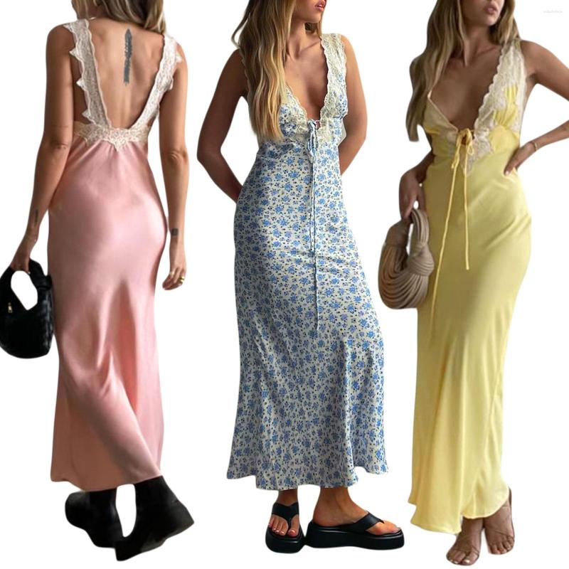 

Casual Dresses Women Backless Party Long Dress Sexy Floral Print Sleeveless Lace V-neck Cocktail Slim Spaghetti Strap Vestidos Clothing, Black
