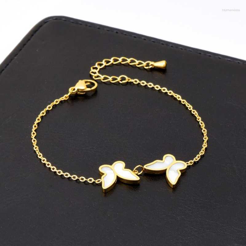 

Link Bracelets Chain 316L Stainless Steel Fashion Upscale Jewelry Embed Natural Shell 2 Butterflies Charms Bangles For Women Raym22