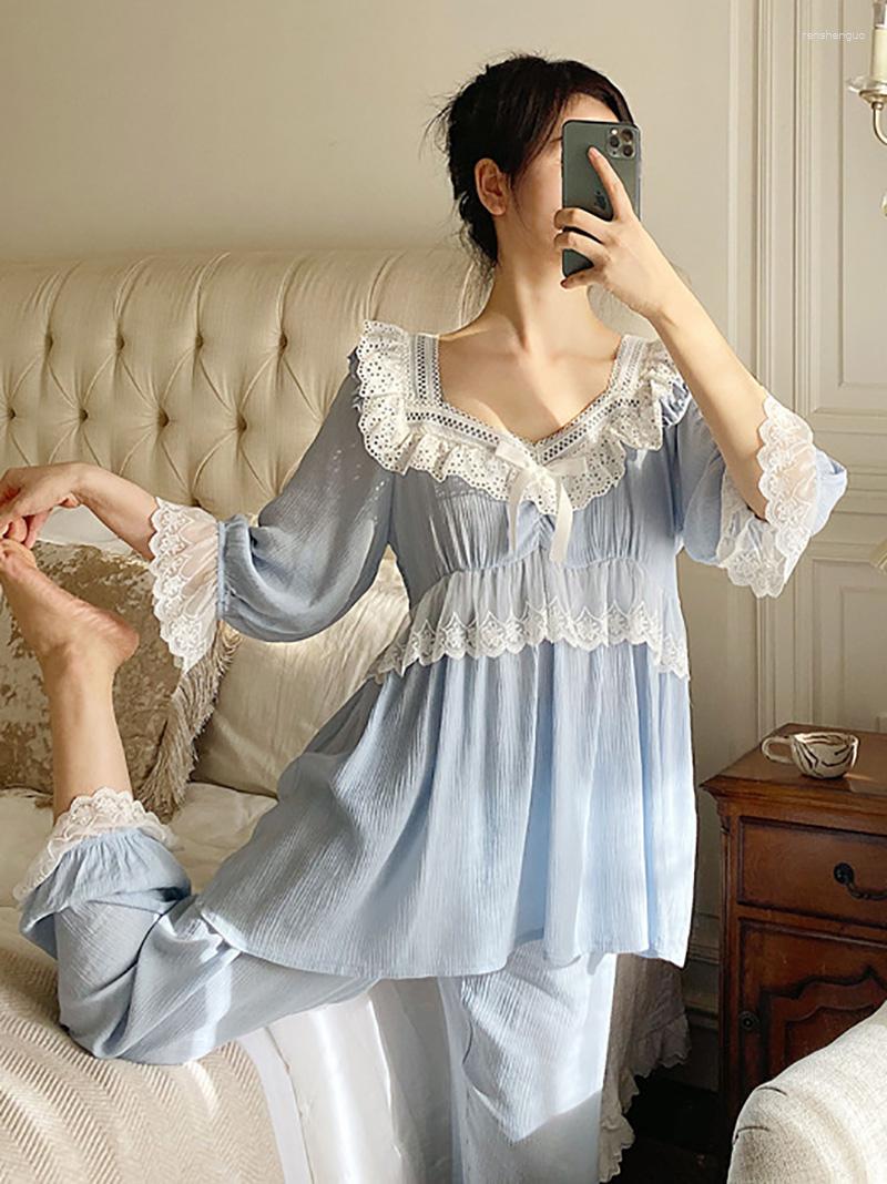 

Women's Sleepwear Women Spring Vintage Pajamas Two Piece Suit Long Sleeve Lace Loose Fairy Pure Cotton Victorian Sweet Princess Homewear, Blue