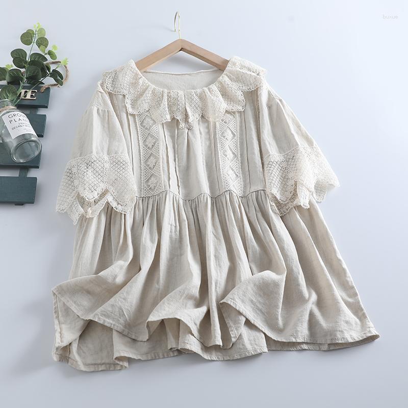

Women's Blouses Mori Girl Lace Lapel Cotton Linen Doll Shirt Women's Loose Flared Sleeve Cute, White