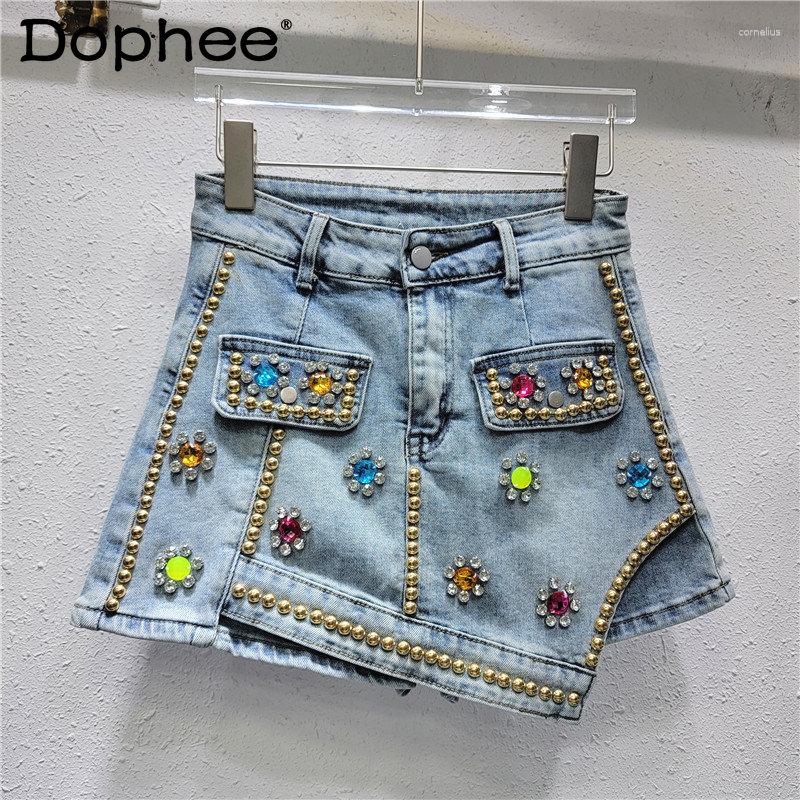 

Skirts Exquisite Rhinestone High Waist Slimming A- Line Skirt Women Culottes Spring Summer Loose Casual Denim Femme Pants, Blue