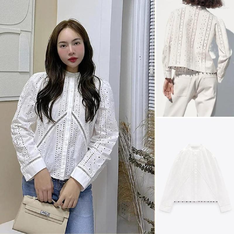 

Women's Blouses COS LRIS 2023 Spring And Summer Fashion Breasted Button-up Closed Hem With Beaded Long-sleeved Round-neck Shirt 7521041, White
