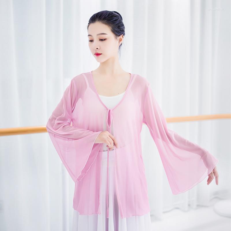 

Stage Wear Classical Dance Shawl Outer Gauze Trumpet Sleeves Costume Chiffon Tulle Teacher Tops, Black