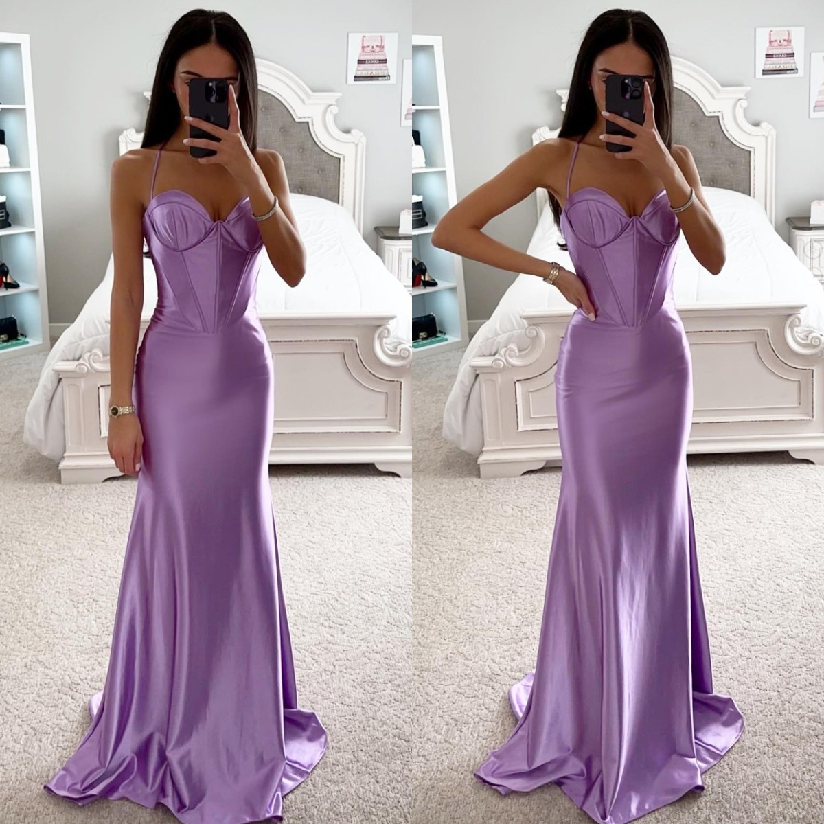 

Fashion Lavender Prom Dresses Spaghetti Evening Gowns Pleats Sheath Formal Red Carpet Long Special Occasion Party dress, Customize