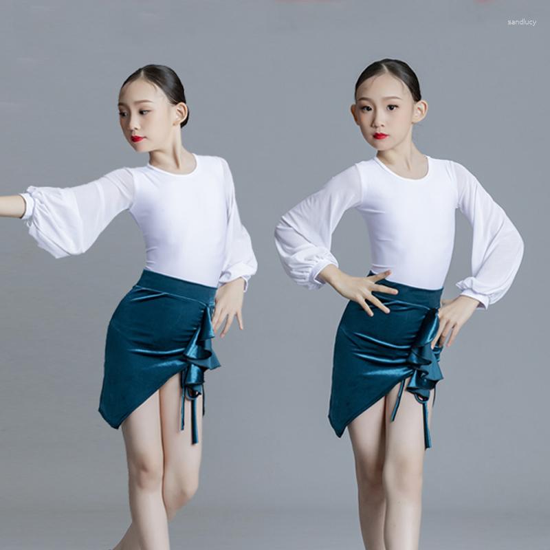 

Stage Wear Kids Latin Dance Costumes For Girls White Top Velvet Skirts Children'S Dancing Clothes Practice XS5872, Dress