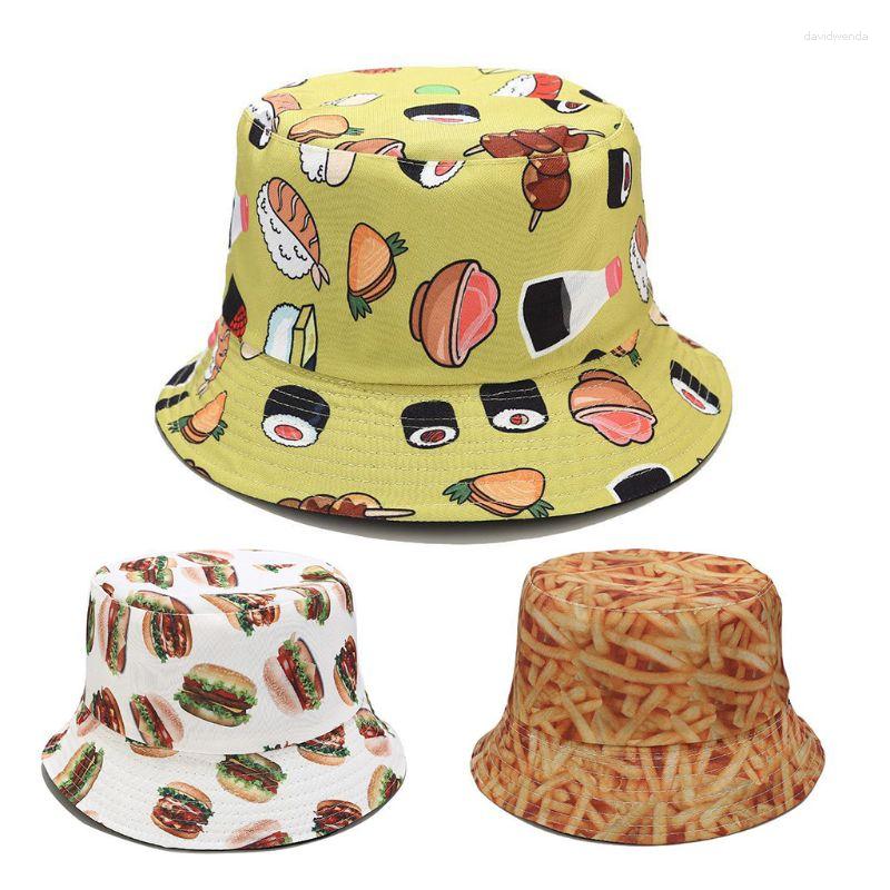 

Berets Unisex Reversible Bucket Hat Sushi Hamburger Food Print Wide Brim Fisherman Cap F3MD