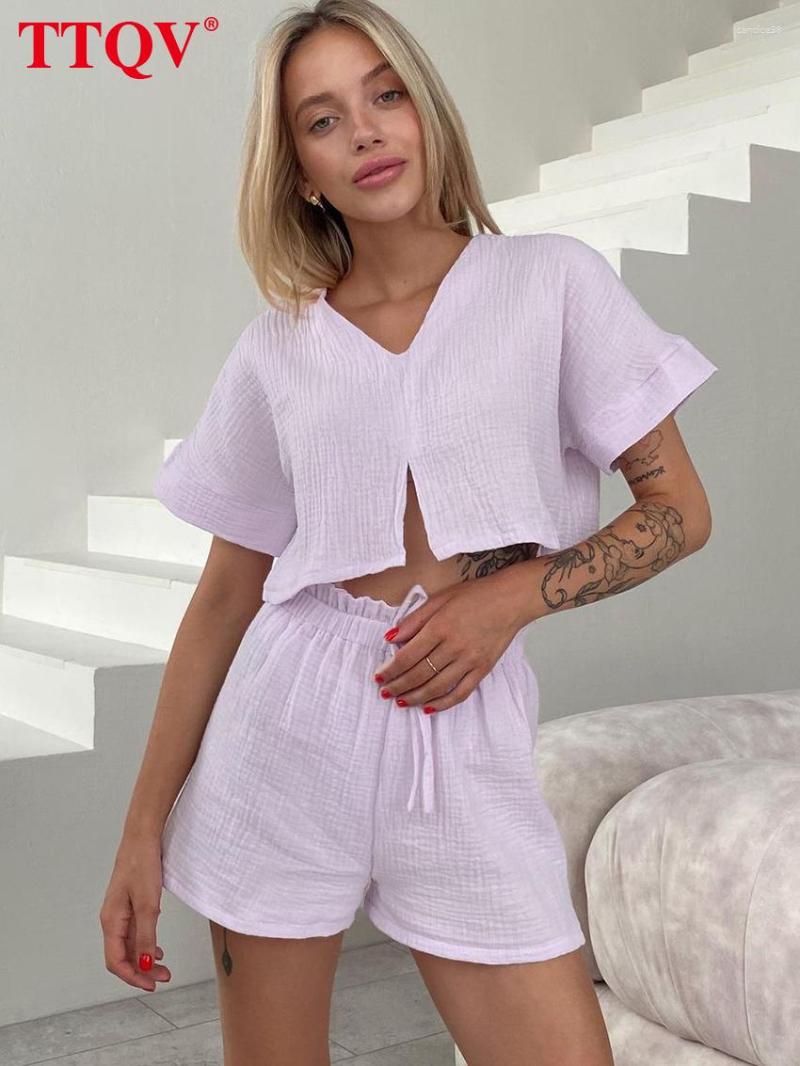 

Women' Tracksuits TracksuitsQV Elegant Purple Simple Shirts Shorts Sets Casual V-neck Short Sleeve Crop Tops And Drawstring Two Piece Set