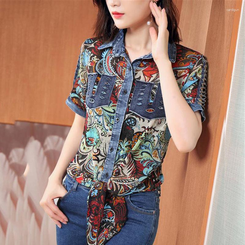 

Women's Blouses Vintage Paisley Printed Patchwork Denim Shirt Women's Clothing Single-breasted Stylish Bandage Summer Casual Hollow Out, Yellow