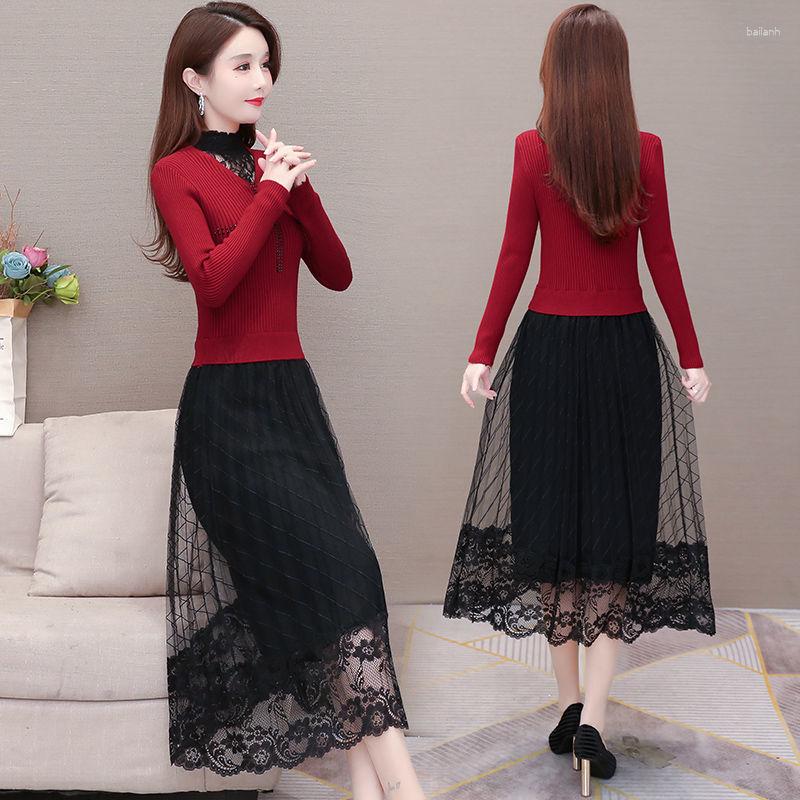 

Women's Sweaters 2023 Autumn And Spring Warm Base Soft Half-High Neck Dress Sweater Women's Hollow Out Elegant Knitted Lace Long Dresses, Black