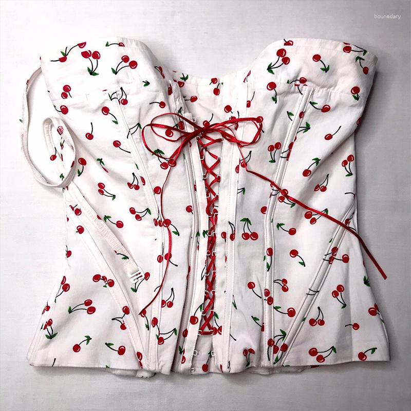 

Women' Tanks Sexy Backless Crop Tops Vintage Cute Cheery Print Camis Chic Women Front Bandage Corset Summer Y2K Fairycore Streetwear, White