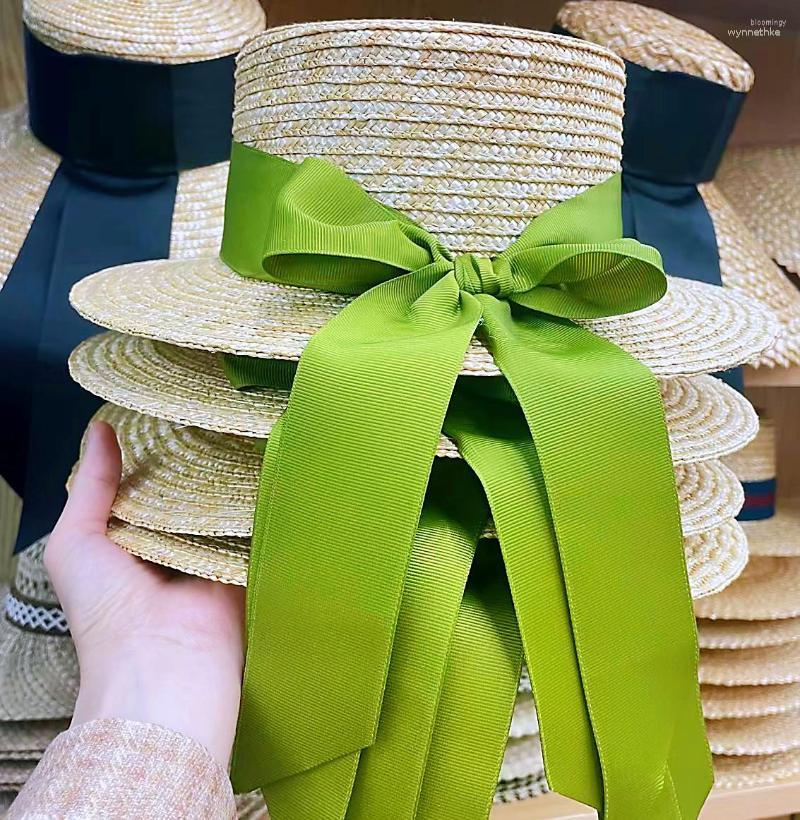 

Berets Green Straw Hat Bow Ribbon Top Flat Women's Summer Beach Vacation Wheat Sun