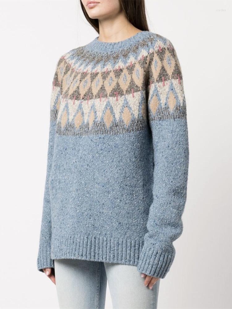 

Women' Sweaters Women Round Neck Knit Sweater Vintage Geometric Jacquard Loose Long Sleeve 2023 Autumn Female Wool Blend Jumper Tops