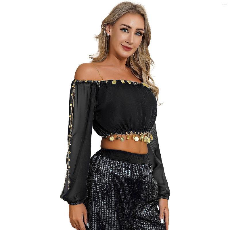 

Stage Wear Womens Belly Dance Performance Tops Sexy Sequined Beaded Split Long Puff Sleeve Crop Top Festival Theme Party Carnival Costume, Black