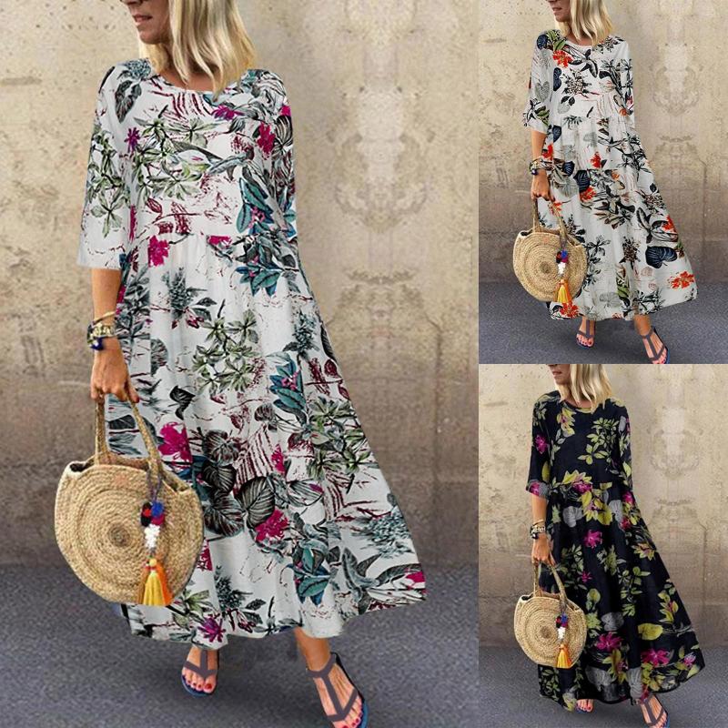 

Party Dresses Bohemein Long Dress Women Casual Floral Printed 3/4 Sleeve Round Neck Loose Summer Holiday Bohemian Maxi, Pk