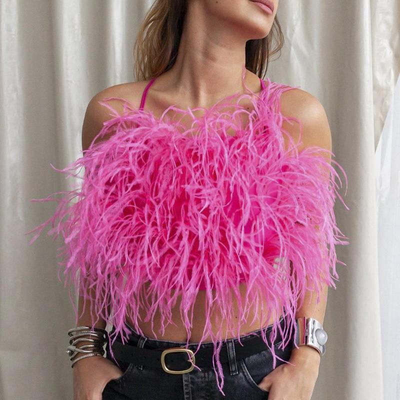 

Women' Tanks Boho Inspired Pink Feather Cocktail Top For Women Straps Sexy Cropped Tops Spring Summer Y2k Beach Party, Black
