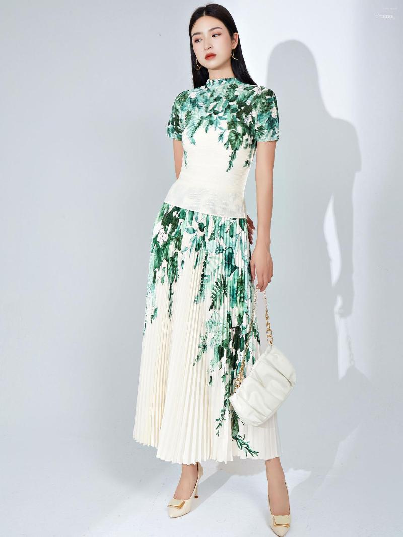 

Work Dresses Miyake Pleated Summer Fashion Ensemble Women's Temperament Printed High-neck T-shirt Top Skirt, Picture color