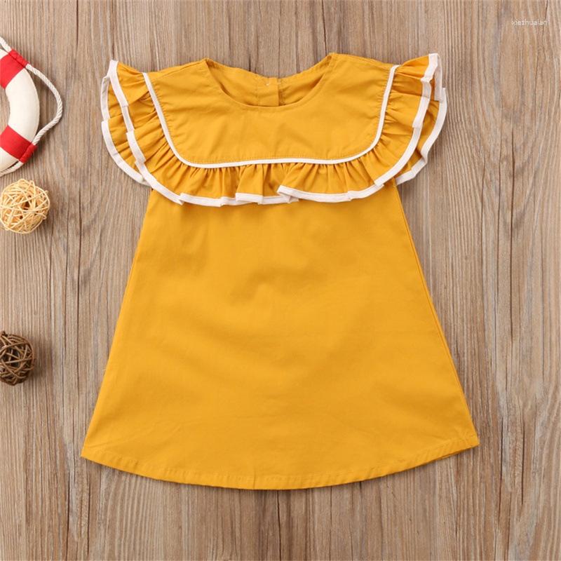 

Girl Dresses Children's Skirt Girls Summer Korean Round Neck Solid Color Ruffled Lace Cuffs Simple Princess Dress Kids Clothes, Yellow