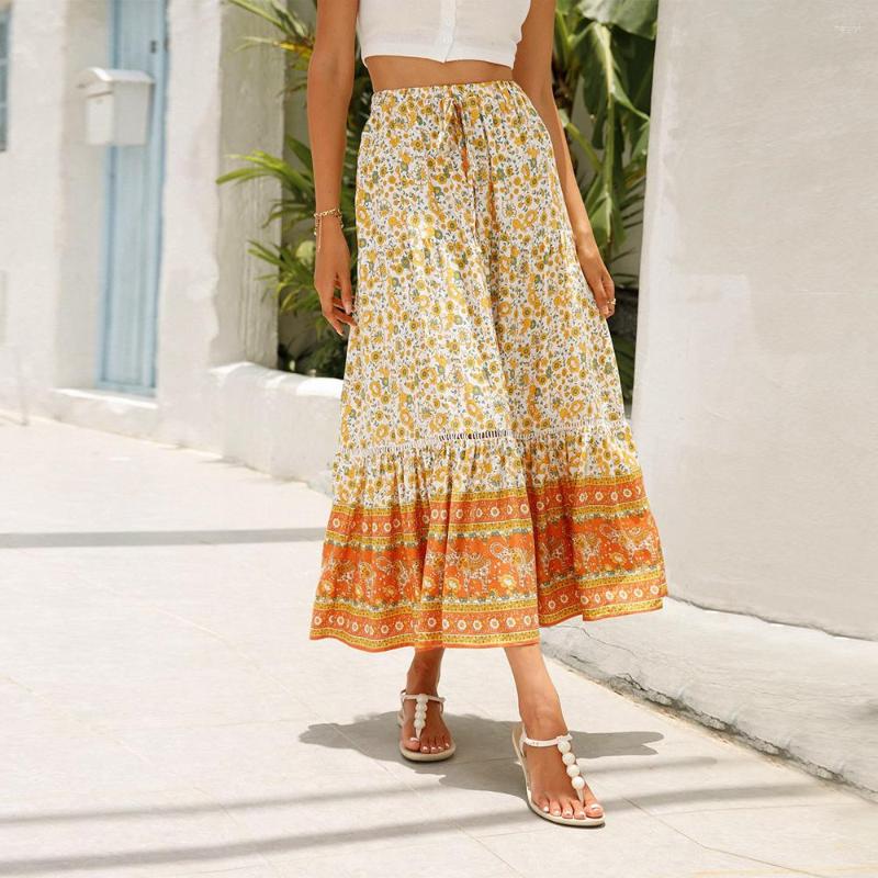 

Skirts Bohemian Skirt High Waist Naxi A-Line Floral Women Casual Beach Faldas Female Boho Elastic Holiday, Beige