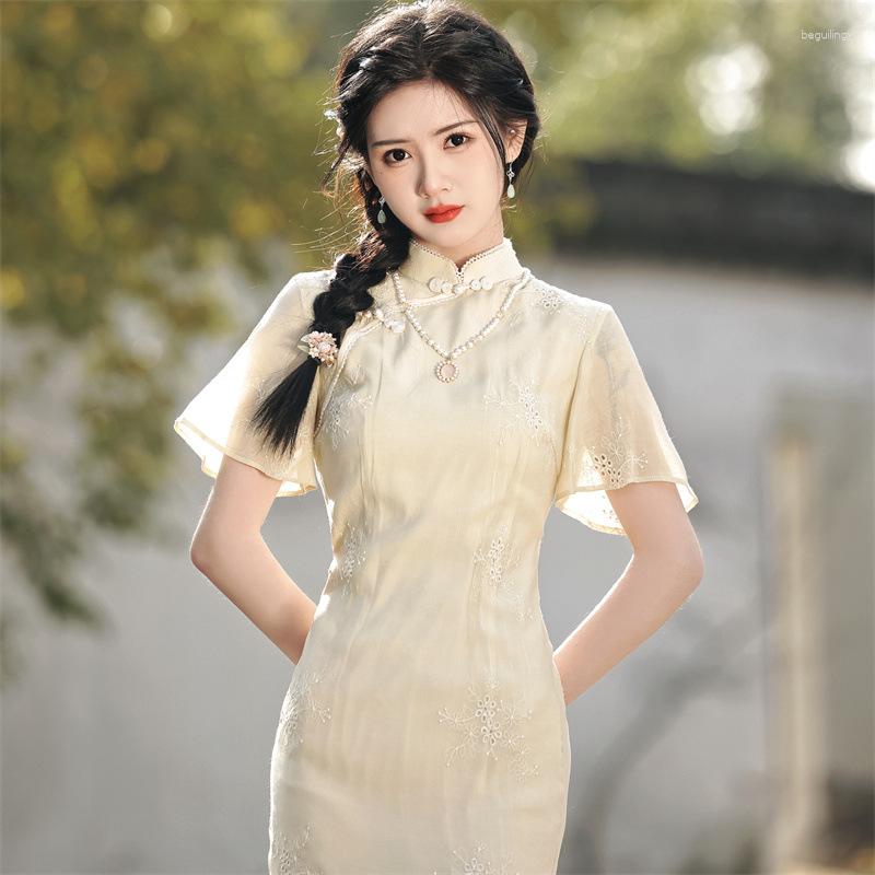 

Ethnic Clothing 2023 Summer Flying Sleeve Chiffon Cheongsam Retro Embroidered Qipao Literature And Art Dress