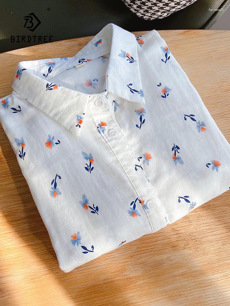 

Women's Blouses Autumn Women Cotton Yarn White Shirts Pink Dandelion Print Full Sleeve Turn Down Collar Loose Blouse Tops Spring T36312JC