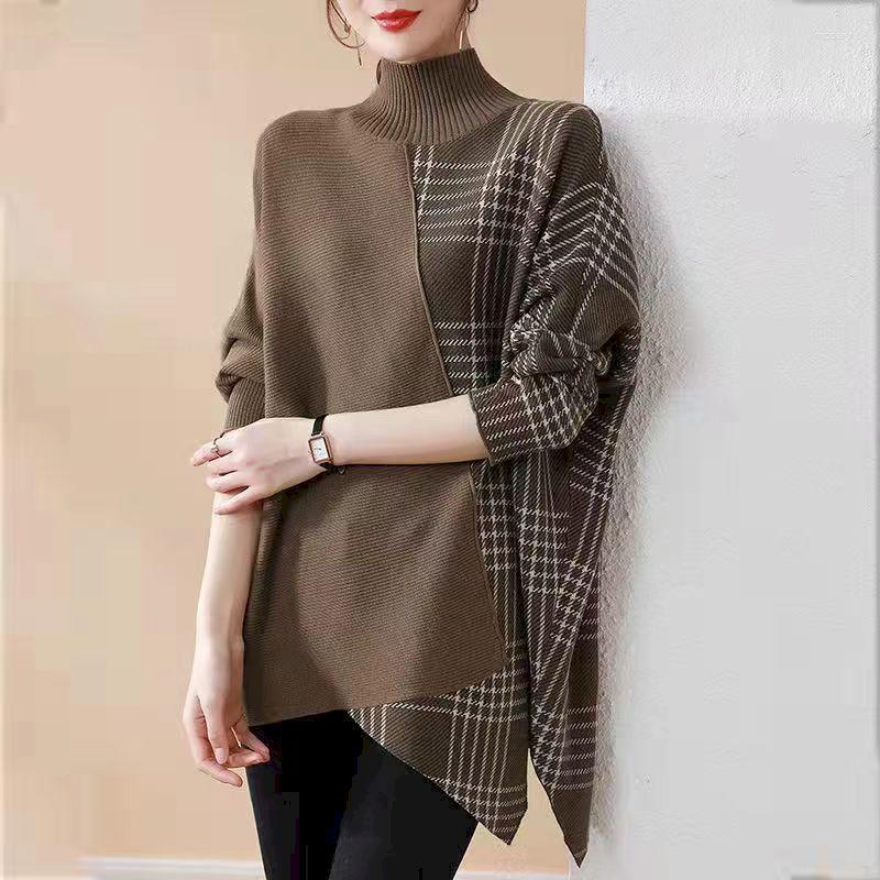 

Women's Sweaters Korean Women Fashion Irregular Splicing Sweater Spring Autumn Trend Loose Tops Moca Neck Bat Sleeve Knitted Pullovers, Army green