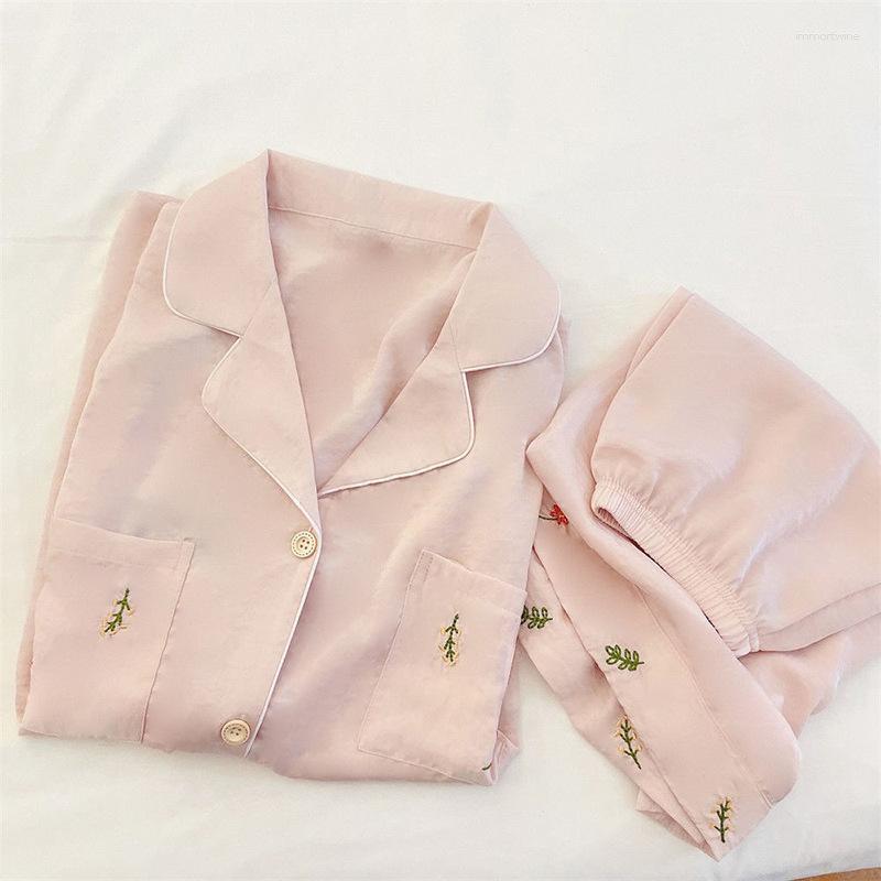 

Women's Sleepwear Pink Embroidery Pajamas Set Summer Shoort Sleeve Shorts Pijamas Suit Sweet Loose Silk Satin Home Wear Loungewear, Champagne stripe