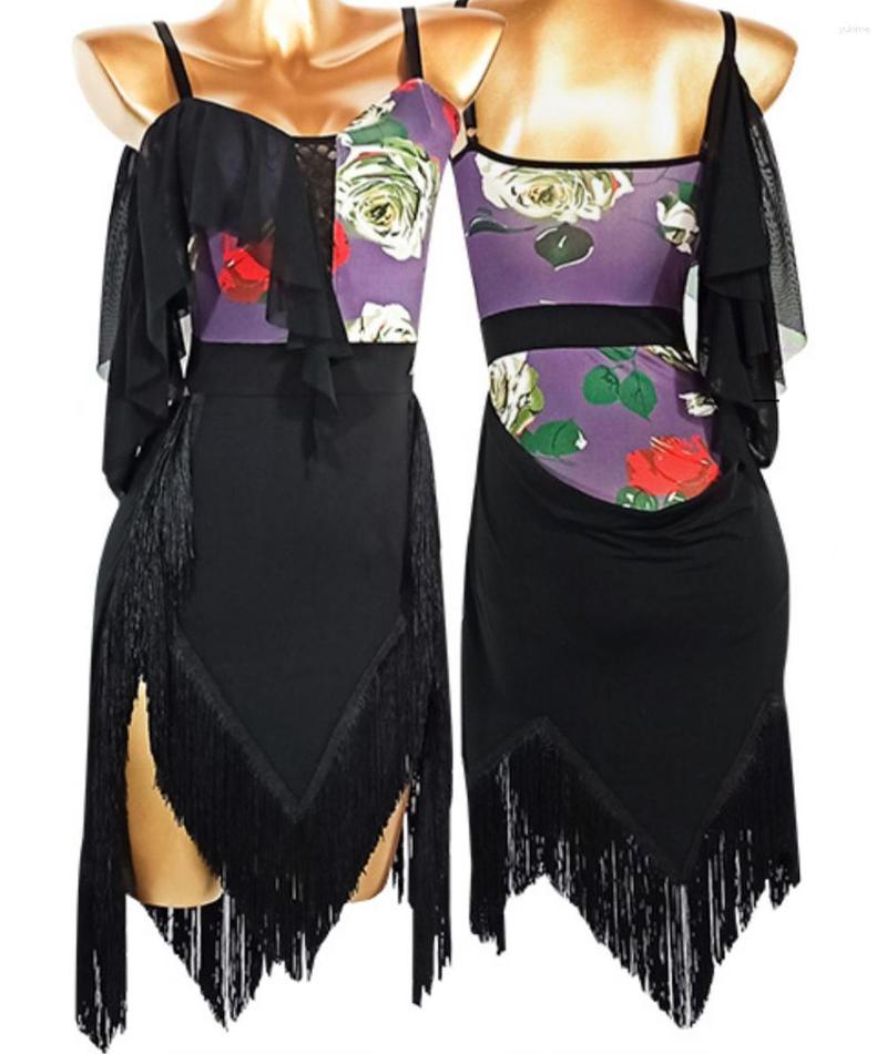 

Stage Wear Latin Dance Costume Women Black Dress Competition Rumba Cloting Ballroom Practice Salsa Chacha Tango Lyrical, Flower