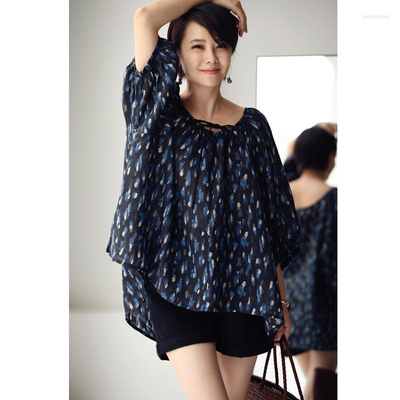 

Women's Blouses MICOCO C6377C Literature Retro Worn Loose Light Ramie Five - Point Lantern Sleeve Printed Shirt For Women, Black