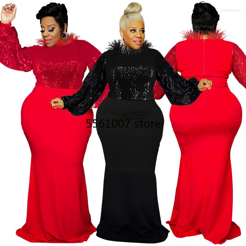 

Ethnic Clothing XL-5XL African Plus Size Dresses For Women Spring Autumn Long Sleeve Black Red Dress