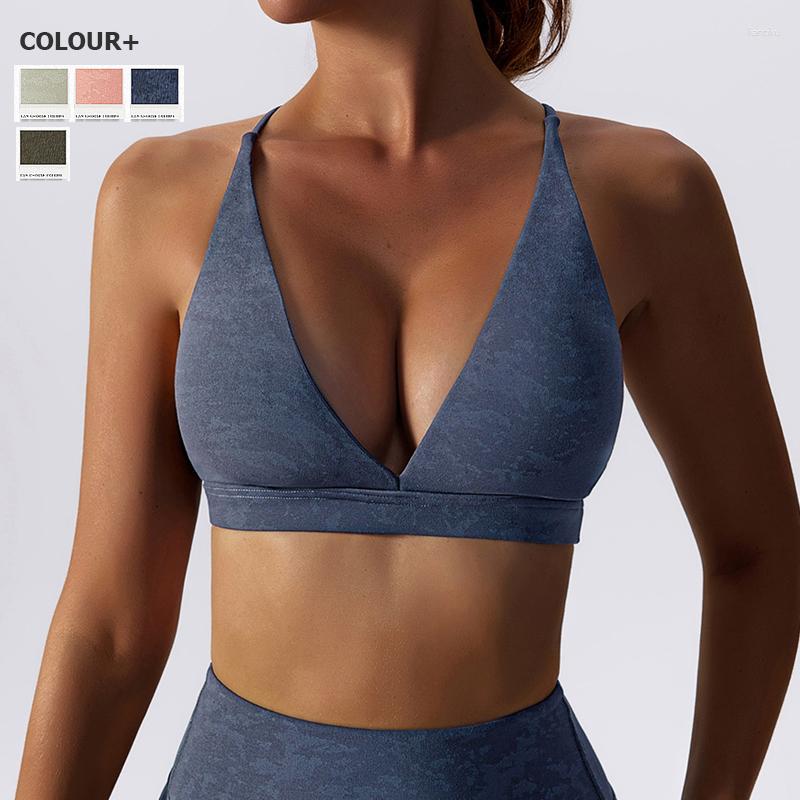 

Yoga Outfit Buttery Soft Bra Women Printed Sexy Deep V-Neck Line Sports Underwear Breathable Quick Dry Gym Crop Top Workout Clothes, Green gray
