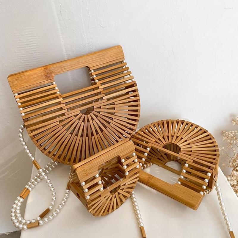 

Evening Bags Designer Bamboo Woven Tote Handbags For Women Small Crossbody Bag Pearl Strap Rattan Mini Phone Purses Luxury Beach, Khaki mini