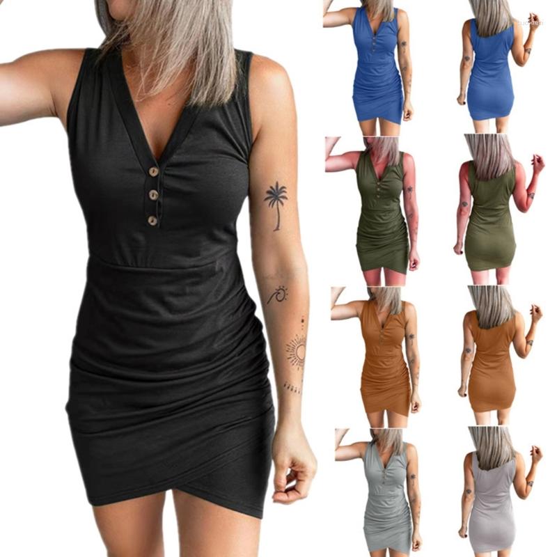 

Casual Dresses Women Summer Sleeveless Sexy V Neck Button Mini Bodycon For Tank Dress Solid Color Ruched Irregular Hem Package Hip Club, Brown